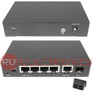 Коммутатор RU-SW-4G1S-P Gigabit Ethernet на 4GE PoE + 1 GE SFP порта. Порты: 4xGE   (10/100/1000Base-T) с PoE (до 30W) + 1xGE SFP (1000Base-X). Соответствует стандартам PoE IEEE   802.3af/at. Lite Management.
