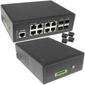 Промышленный управляемый L2+ коммутатор RU-SW-8G4S-L/I Gigabit Ethernet на 8GE PoE + 4   GE SFP порта. Порты: 8xGE (10/100/1000Base-T) + 4xGE SFP (1000Base-X). Поддержка режима   увеличения расстояния передачи данных и питания до 250м.