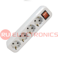 Колодка электрическая для удлинителя с выключателем RUICHI КД-004-3, 4 розетки, IP20, 220 В, 10 А, 50 Гц, 3500 Вт, с заземлением, пластиковая, белая