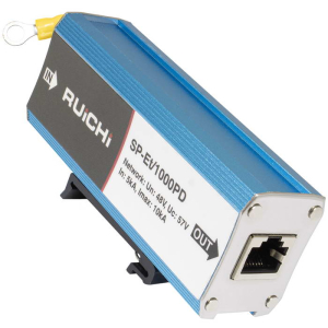 Устройство грозозащиты RUICHI SP-Et/1000PD с креплением на DIN-рейку для локальной   вычислительной сети (скорость    до 1000 Мбит/с) с защитой линий PoE (af/at, методы A + B,   контакты 1/2, 3/6, 4/5, 7/8).