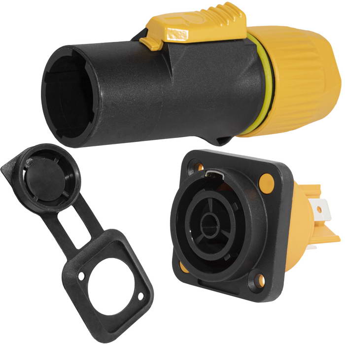 Ruichi Разъем питания с фиксатором RUICHI NAC3MX-W-R, 3 контакта, 16 А, 250 В, 3 мОм, на панель, крепление корпуса винтовое, корпус PA66, черный/желтый