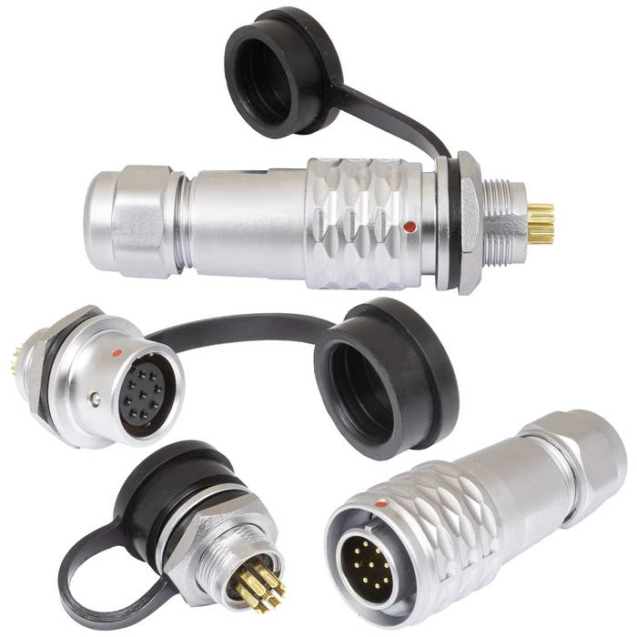 Ruichi Комплект быстросъемного разъема push-pull кабель-блок RUICHI SR12-12/MF9P, 9-ти контактный, диаметр кабеля  4-6,5 мм, 5 А, IP67, -20…+85°С, корпус хромированная латунь