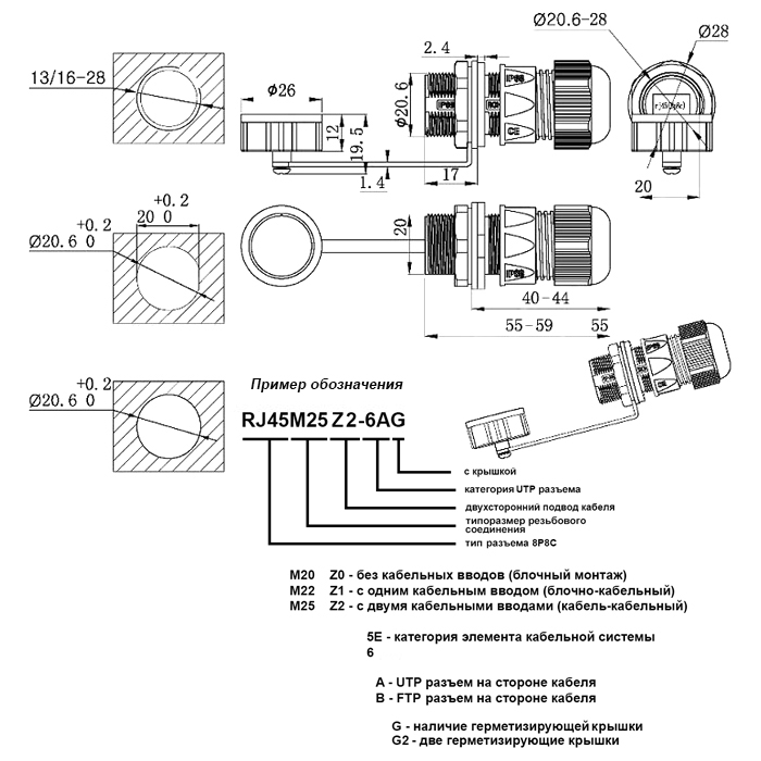Ruichi Разъём герметичный Ruichi RJ45M20Z1-6AG