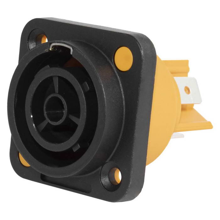 Ruichi Разъем питания с фиксатором RUICHI NAC3MX-W-R, 3 контакта, 16 А, 250 В, 3 мОм, на панель, крепление корпуса винтовое, корпус PA66, черный/желтый