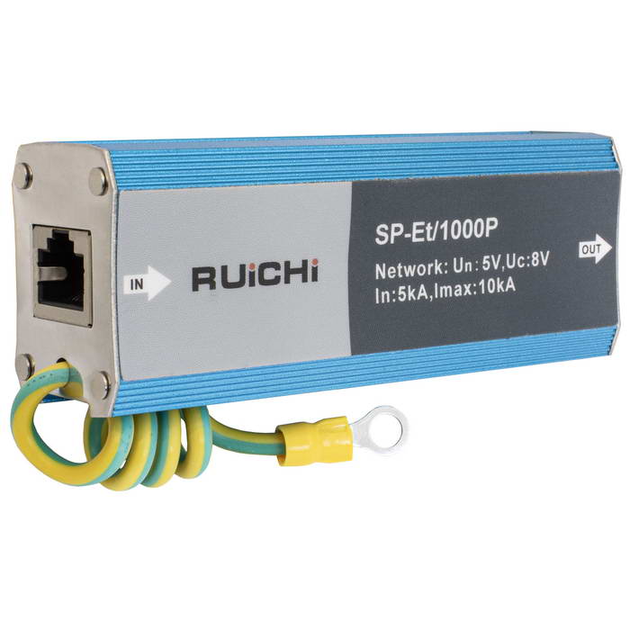 Ruichi Устройство грозозащиты RUICHI SP-Et/1000P для локальной вычислительной сети (скорость    до 1000 Мбит/с) с защитой линий PoE (af/at, методы A + B, контакты 1/2, 3/6, 4/5, 7/8).